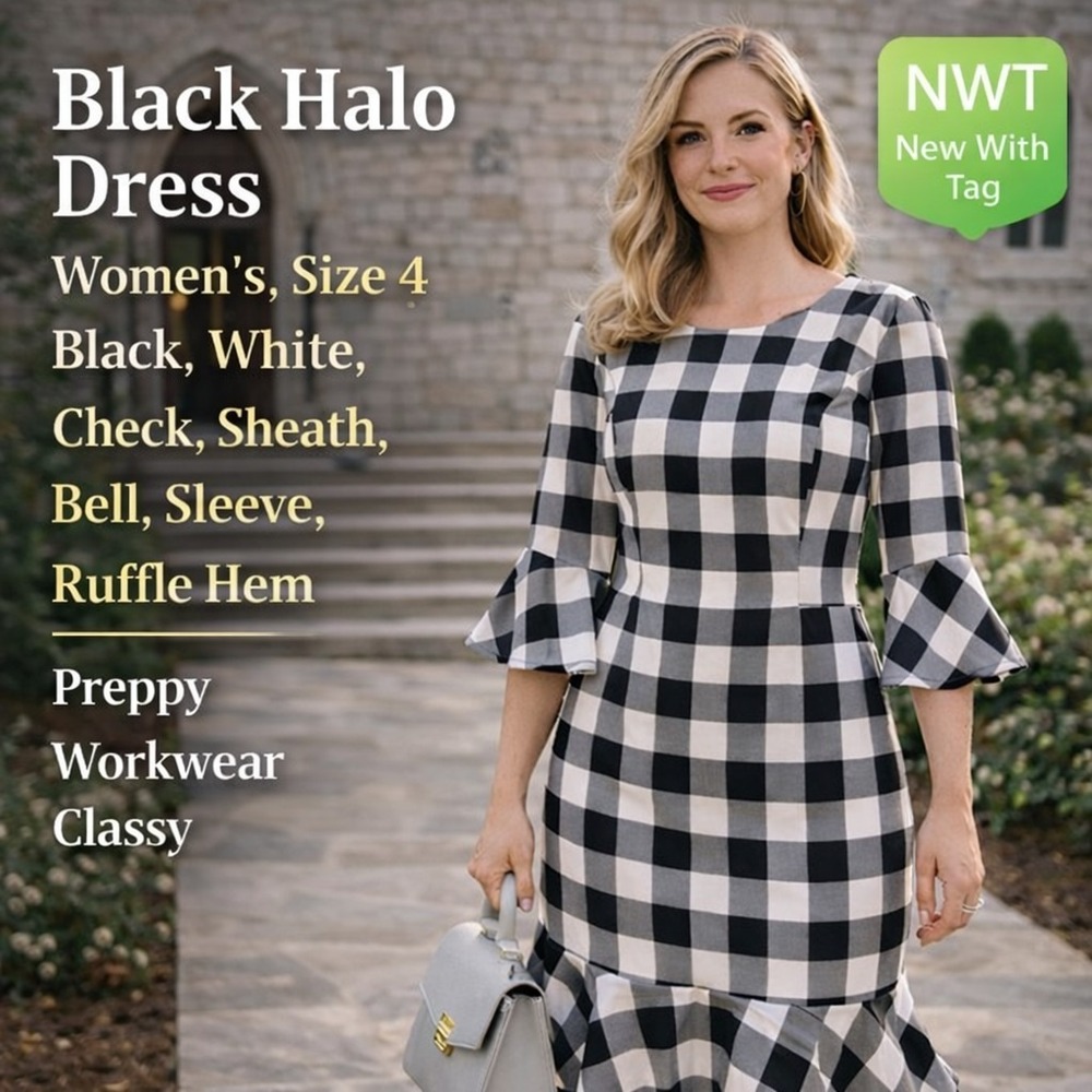 Black Halo Sheath Dress Womens 4 Black White NWT Gingham Bell Sleeve Ruffle Hem